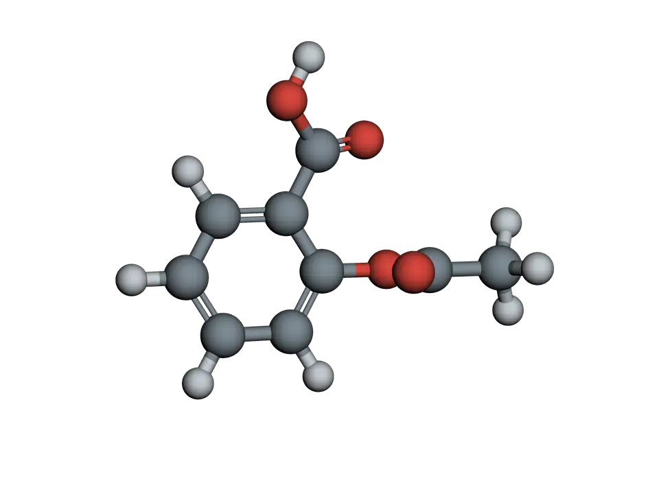 Aspirin as balls and sticks: a benzene ring carrying a carboxylic acid group and, beside it, an acetyl group joined through an oxygen.