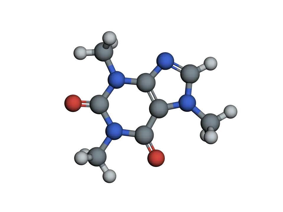 Caffeine as balls and sticks: two fused flat rings of carbon and nitrogen, two oxygens on the larger ring, and three methyl groups sticking out.