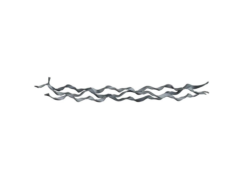 Three grey strands twisted round each other into a straight, rope-like triple helix, standing upright.