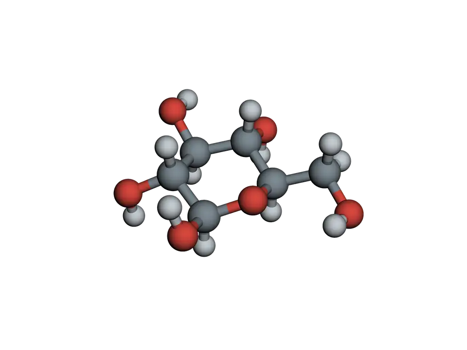 Beta-D-glucose as balls and sticks: a six-membered ring of five carbons and one oxygen in a chair shape, with hydroxyl groups and a CH2OH group pointing out round its edge.